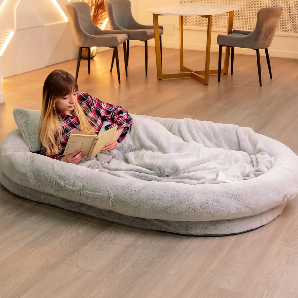 Petlo Human Dog Bed for Cozy Naps 72"x48"x11" - Washable Faux Fur Cover Blanket and Pillow - Removable Memory Foam and Adjustable Strap Orthopedic Human Size Dog Bed for Adults & Large Dogs (Grey)