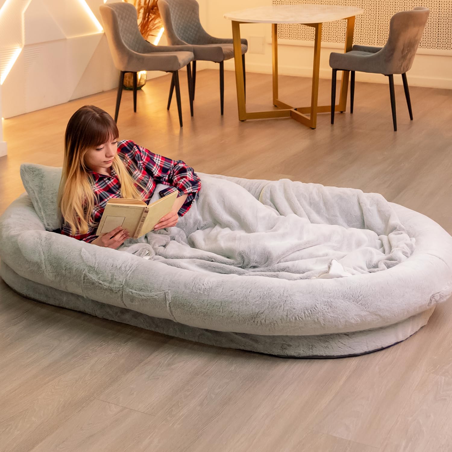 Petlo Human Dog Bed for Cozy Naps 72"x48"x11" - Washable Faux Fur Cover Blanket and Pillow - Removable Memory Foam and Adjustable Strap Orthopedic Human Size Dog Bed for Adults & Large Dogs (Grey)